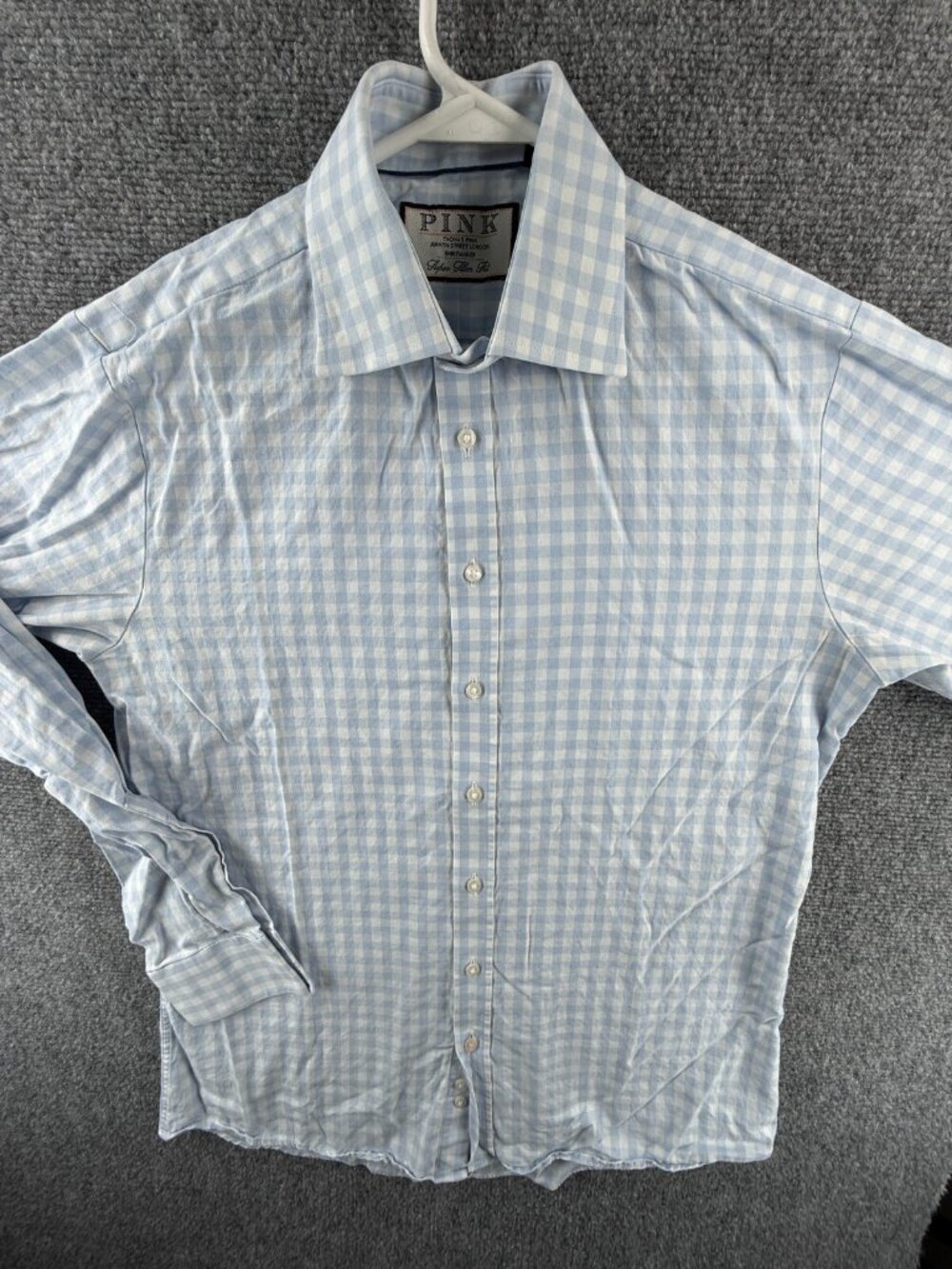 Thomas Pink 15.5 Super Slim Men Long Sleeve Button Up Shirt Cotton Blue Check
